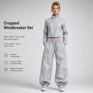 Bulk Supply Tracksuit Womens Cropped Windbreaker Zip Up Jacket With Reflective Piping Wide Leg Jogger Pants Sporty Tracksuit