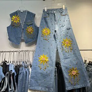 Embroidery Heavy-duty Rivet Design Denim Fringed Jacket + Wide-leg Denim Pants Set