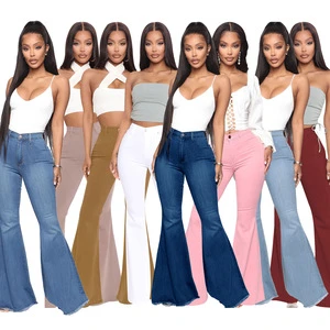 Wholesale Basic Casual Slim Fit Women Jeans High Waisted Flared Pants Plain Denim Trousers