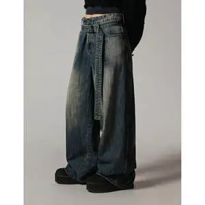 New Arrival Unique Cotton Medium Denim Jeans Mens High-Waist Loose-Fit Retro Straight-Leg Casual Trousers