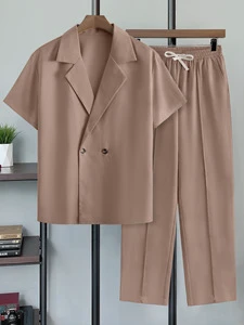 Men's Woven Two Piece Casual Suit for Spring Autumn Notched Collar Short Sleeve Jacket with Drawstring Slant Pocket Pants