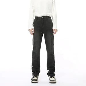 Men's Winter Mid Waist Korean Style Metal Nail Decoration Slimming Straight Denim Trousers Trendy