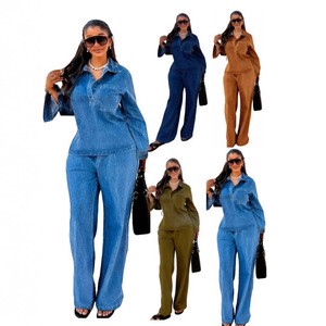 Y6561 Trendy Denim Suit for Women Long Sleeve Lapel Pocket Top and Straight Jeans Set Outfits Sets Ladies