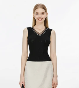 Women Summer Sleeveless Knitted Vest Black Vertical Rib V-Neck Rhinestone Bead Decor Slim Breathable Tank Top