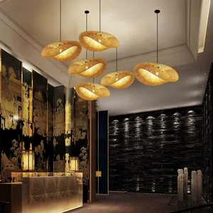 Factory Supply Restaurant Wave Natural Woven Bamboo Decoration Light Handmade Wicker Hanging Lamps