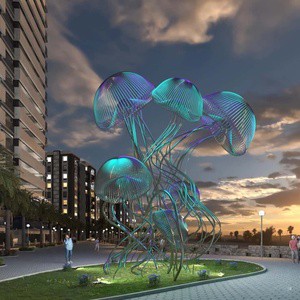 Waterproof Polished LED Illuminated Kinetic Stainless Steel Jellyfish Sculpture For Outdoor Garden Poolside Landscape