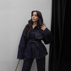 Spring/Summer Popular Temperament Lapel Series Belt Denim Suit