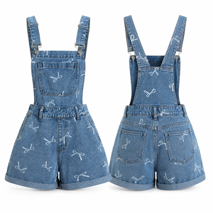 High Waist Women's Denim Overalls Shorts Bow Print Casual Summer Jumpsuit Breathable Woven Cotton Loose Fit Women's Jumpsuits