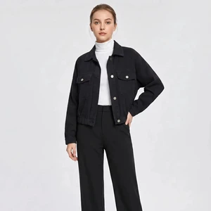 Women's Cropped Black Denim Spring Eco-Friendly Cotton Workwear Style Utility Cargo Streetwear Fashion Jacket With Pockets