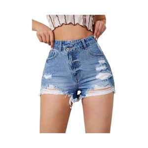 Women Denim Shorts High Waist Fashionable Breathable Super Distressed Women Denim Shorts with Custom Stone Wash