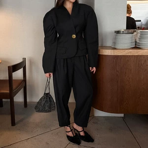 Casual Suit Set Long Sleeve Single Button Black Suit Jacket Trousers Two Piece Set