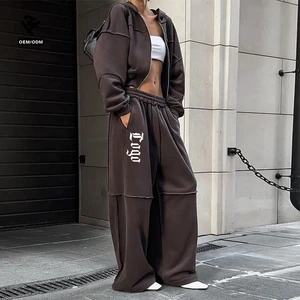 Casual Women 2 Piece Set Classic Solid Sporty Basic Zip-Up Hood Coats Straight Loose Pants Female Matching Tracksuits Streetwear