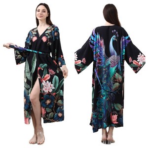 2025 New Viscose Peacock Print Sunscreen Cardigan Beach Cover-Up Floral Print Dress Digital Printed Beach Kimono Women's Blouse