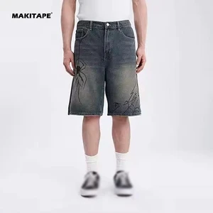 HG319 Retro Vintage Woolen Hip Hop Jeans Shorts Heavyweight Paint Splatters Spider Logo Raw Hem Cut Edge Elastic Waist