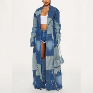 Women Patchwork Denim Maxi Coat Long Frayed Seam Outerwear Blue Two Tone Trench Streetwear Wholesale Retro Jacket