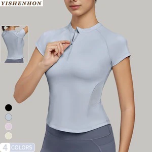 YISHENHON Women's Quick-Dry Yoga T-Shirt Waist Slimming 4-Way Stretch Top Breathable Fabric short Sleeve & Half Zipper