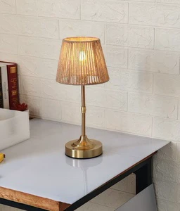 Rattan Bamboo Table Lamp with Hemp Rope Shade Touch Control LED Light AC Powered Eco-Friendly Wedding Lighting