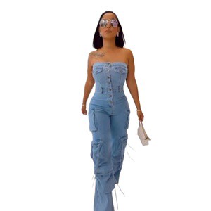 Foreign Trade Sexy Cowboy Tube Top Multi-pocket Overalls Denim Pants Jumpsuit Set Multi-button Women's Clothing