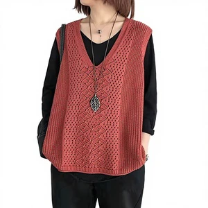 Knitted Polyester Vest Women's Japan Style Thin Loose Regular Length Large Size Hollow V-neck Waistcoat Retro Pullover