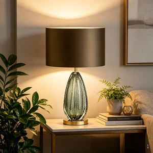 Luxury Art Glass Table Lamp with Fabric Shade Modern Decorative Bedside Light for Living Room Hotel