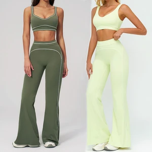 Solid Contrast Binding Yoga Sets Wide Leg Racerback Sports Bra Flared Yoga Pants Two Piece Workout Set for Women Front Logo
