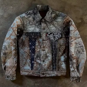 Custom Handmade Heavy Distressed Plus Size Acid Wash Vintage Embroidery Snake Skin Men's Denim Jean Jacket