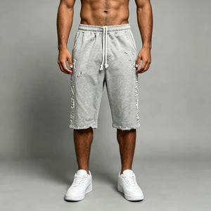 Custom Men's Grey French Terry Baggy Capri Pants Men Elastic Drawstring Waist Distressed Ripped Raw Frayed Hem Side Pockets