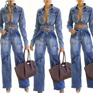 Fall Women's Stretchy Denim 2 Piece Set Fashion Full Sleeve Crop Jacket+Jeans Trouser Matching Streetwear