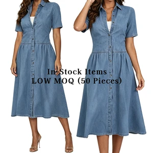 Sleeveless Denim Dress Women Lapel Button Down A-Line Midi Jean Dress Casual Summer Loose Fit Denim Shirt Dress