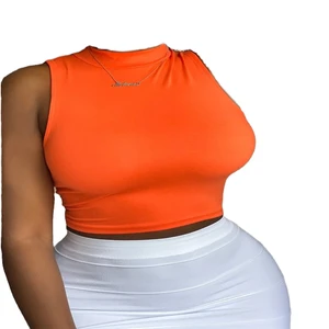 2025 Wholesale Custom Logo Women Casual Solid Anti-Pilling Plain Dyed Short Sleeveless Crew Neck Crop Top T-shirt