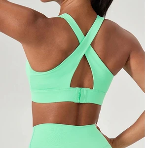 Mint Green Crossback Sports Bra High Support Yoga Solid Color Front Logo Women's Activewear Seamless Mesh Decoration