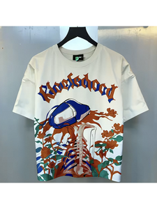 New Arrival Vintage Newspaper Bows Pattern Heavy Cotton Dobby Fabric 260g O-Neck Loose Y2K Unisex Casual Daily Short Sleeve Tops