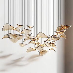 Minimalist Design Hotel Villa Lobby Glass Pendant Handmade Square Art Glass with Lotus Leaf Middle Lamp Size Height Adjustable