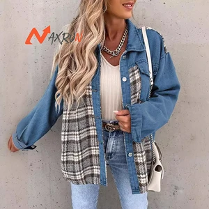 Women's Long Sleeve Plaid Denim Jacket Coat with Button Decoration Customizable Logo Winter Woven Shirt Jacket