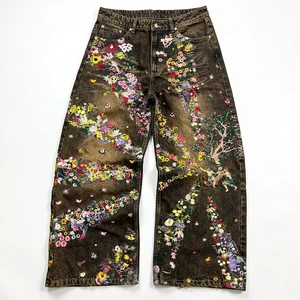 Custom Designer 3D Embroidered Patchwork Colored Flower Straight Streetwear Hip Hop Vintage Style Distressed Men Denim Jeans