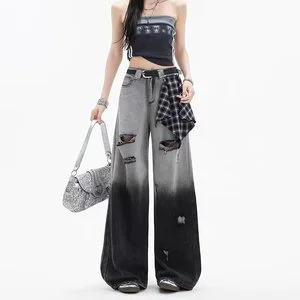 Women's High Waist Wide Leg Plaid Ribbon Jeans New Summer Design with Hole