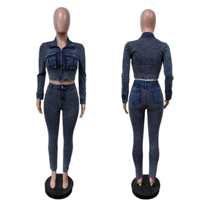 Fashion Splicing Corrugated Pocket Stretch Denim Jackets and Tight Jeans Pants Casual 2 Piece Set Women Denim Outfits