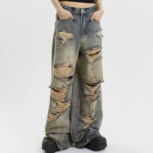 OEM Wholesale Low Moq Custom High Quality Retro Distressed Baggy Jean Straight Denim Pantalon Homme Acid Washed Jean for Men
