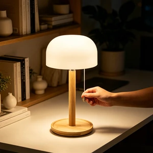 Rechargeable Bamboo Table Lamp 3 Color Temperature LED Mushroom Desk Lamp Pull Rope Switch Type-C USB PE Shade Bedroom Lamp