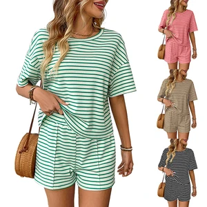 2026 Summer New Women Knitted Striped Casual Shorts Sports Two Piece Set