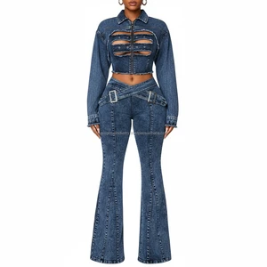 New Fashion Women's Two Piece Denim Set Casual Colored Sexy Cut Zip Buckle Criss-Cross Flare Y2K High Waist Streetwear