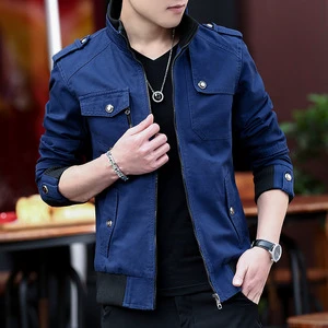 M-5XL Men's Jacket Korean Version Stand Collar Spring and Autumn Denim Workwear Zipper Jacket Pocket Top