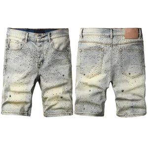 Man Summer Jeans Shorts 2026 Men's Vintage Print Straight Style Slim Fit Ripped Culotte Homme Short Jean with Rhinestones