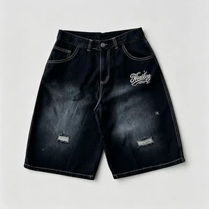 Acid Wash Black Jean Shorts Sun Faded Effect Gothic Logo Print Loose Fit Mens Fashion Bottoms Summer Casual Streetwear