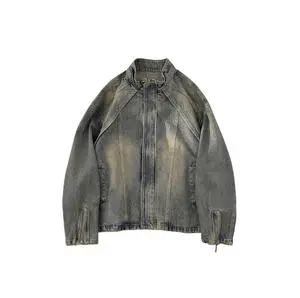 Men's Denim Deconstructed Denim Retro Trendy Boy Stand Collar Zippered Casual Coat
