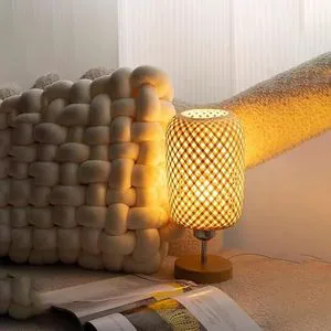 Handmade Bamboo Table Lamp with Japanese Style Lampshade IP68 Rated Warm White Light for Bedroom & Living Room Decor