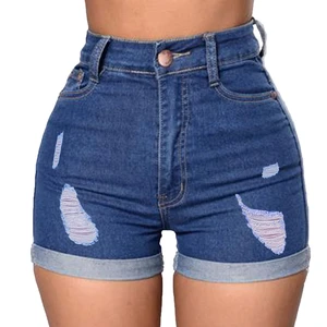 Women's Breathable Hot Pattern Colored Knee-Length Denim Shorts Pockets Elastic Waist Polyester/Cotton Fabric Casual Style High