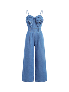 Women's Denim Jumpsuit with Bow Halter Wide Leg High Waist Casual Summer Vacation Outfit Washed Loose Fit Woven