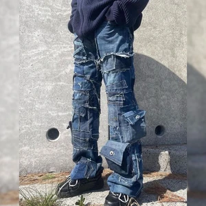 High Quality Denim Jeans Wholesale Party Design Logo Multiple Pockets Baggy Flare Pants Men's Plus Size Stonewashed Print Letter