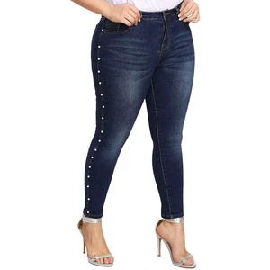 Wholesale Plus Size High-Waist Skinny Jeans for Women Featuring a Chic Pearl Side Stripe Comfort Stretch Denim Jeans For Women's